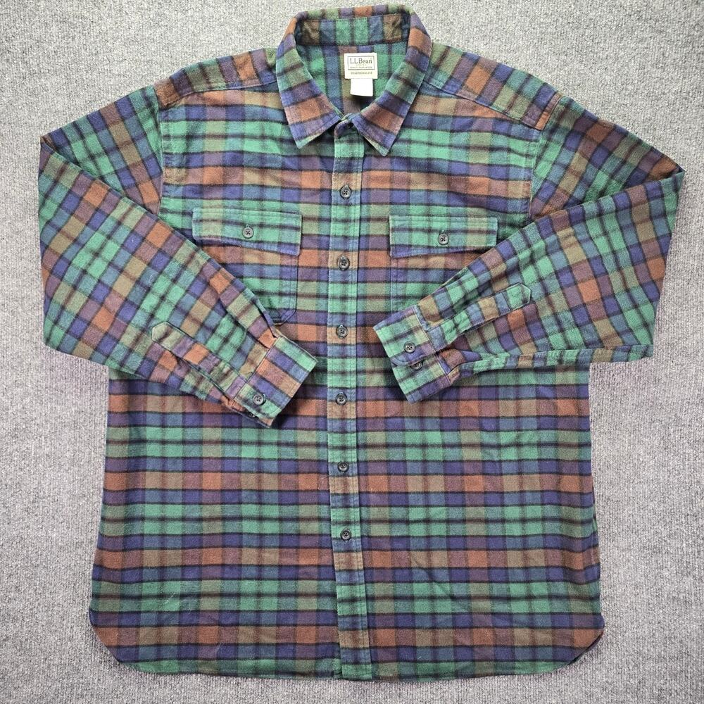 LL Bean Shirt Mens XL Green Blue Flannel Cotton Long Sleeve Button Down Workwear - Picture 1 of 6